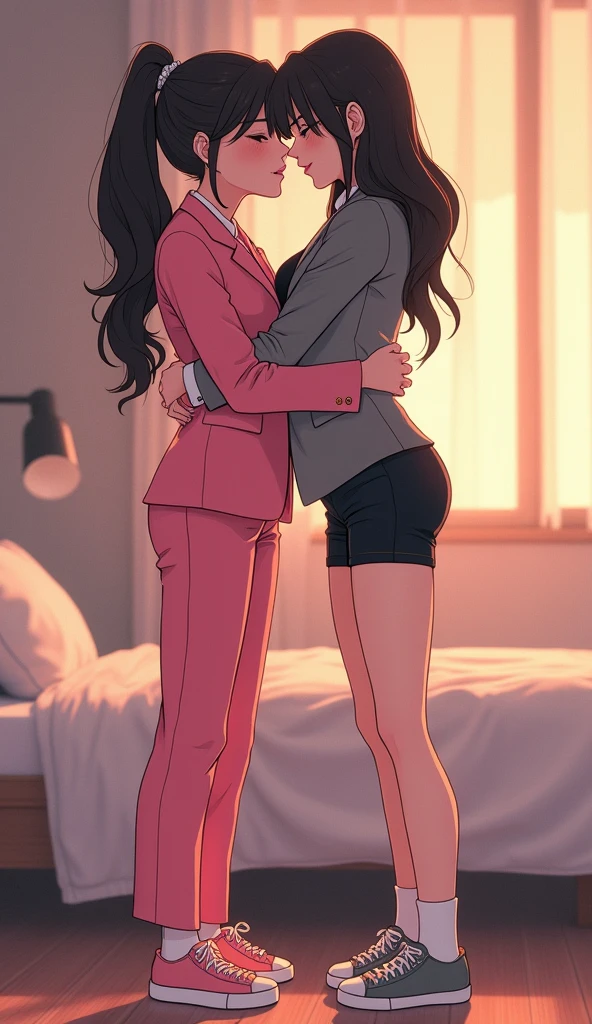 Two girls, yuri,(The first girl wear a pink suit, black pencil skirt, black underpants, white socks, pink sneakers), (The second girl wore a grey suit, black pencil skirt, black underpants, white socks, grey sneakers), french kiss, lesbian kiss, hugging, sensual body, bedroom ,closed eyes, novel cartoon, 4K, HD