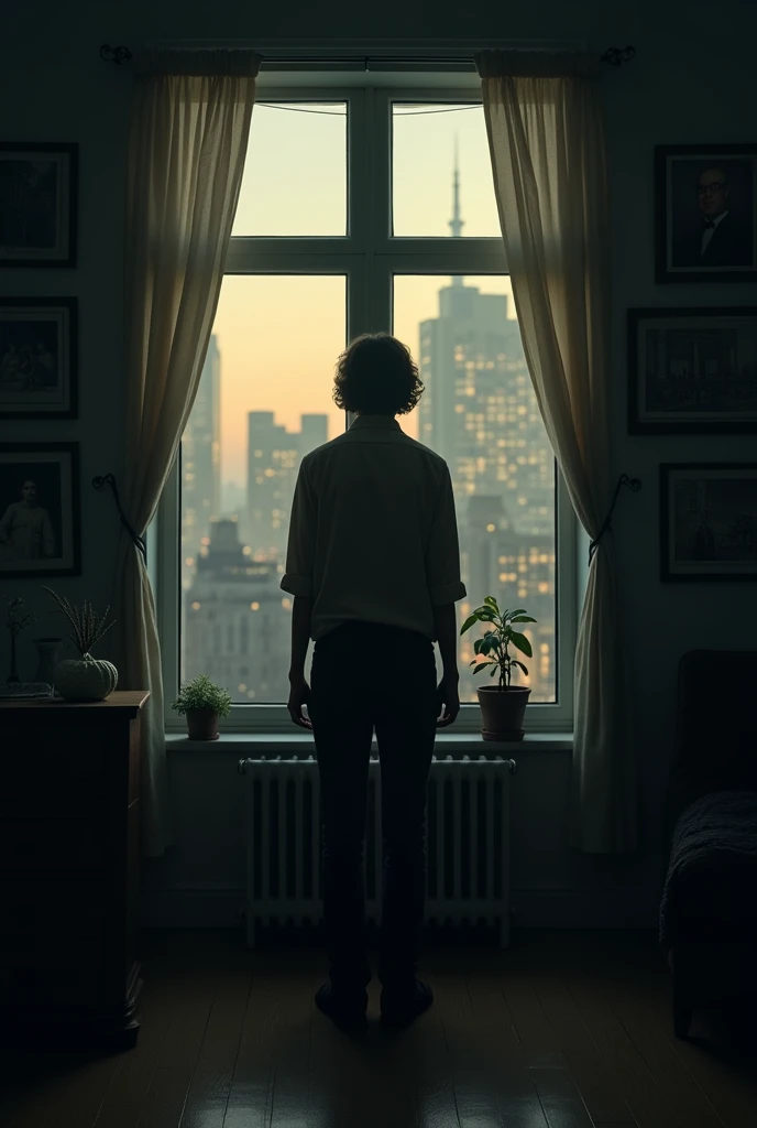In a dimly lit room, the walls adorned with faded photographs and mementos, a person stands by a large window, gazing out at the cityscape bathed in the soft glow of streetlights. Their silhouette is framed against the glass, reflecting the mix of vulnerability and resolve in their posture.