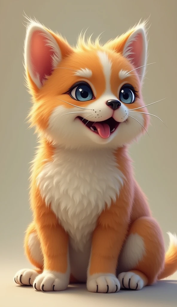 I want you to create an animal with the following description:

Name: Gaterrito.

Appearance:

Size: little, similar to a kitten or small breed puppy.
body: Compact, with a structure similar to that of a cat, but with a slightly more robust constitution, like that of a small dog.
paws: Short and delicate, Combining the agility of a cat with the stability of a dog.
ears: Medium long and pointed, A cross between the erect ears of a cat and the slightly drooping ears of a dog..
eyes: big ones, expressive and round, with the depth of a dog&#39;s eyes and the curious sparkle of a cat&#39;s eyes.
snout: little y suave, with a shape intermediate between the snout of a dog and the short snout of a cat.
cola: Long and soft fur, like a cat&#39;s, but a little thicker, similar to that of some small dog breeds.
fur: soft and fluffy, with colors that could vary between the typical shades of cats (like the tabby or the bicolor) and the most common color combinations in dogs.
Behavior:

Character: Sweet and playful, combining the independence of a cat with the loyalty and sociability of a dog.
sounds: It makes a sound that is a mix between a soft meow and a small bark., a kind of "meow-bark" adorable.
Skills: Can climb like a cat, but he is also a good runner like a dog. He likes to cuddle like a cat, but he also enjoys going out for a walk like a dog.
This little cat would be the perfect pet for those who love both cats and dogs., offering the best of both worlds in a tender and compact being.
