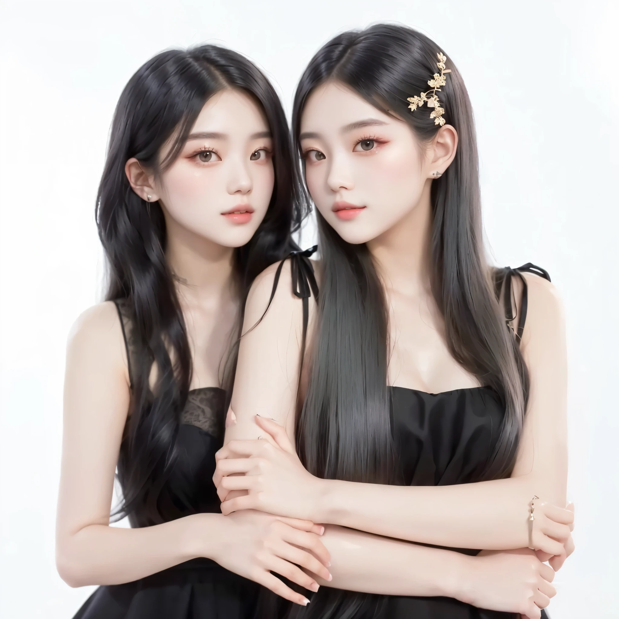 two young women with long hair and black dresses posing for a picture, inspired by Wang Duo, beautiful gemini twins, two color hair, nixeu and sakimichan, beautiful gemini twins portrait, with black, zmonzheng, sha xi, ulzzang, with same hairstyle, xianxia, jia, with ivy, sakimichan