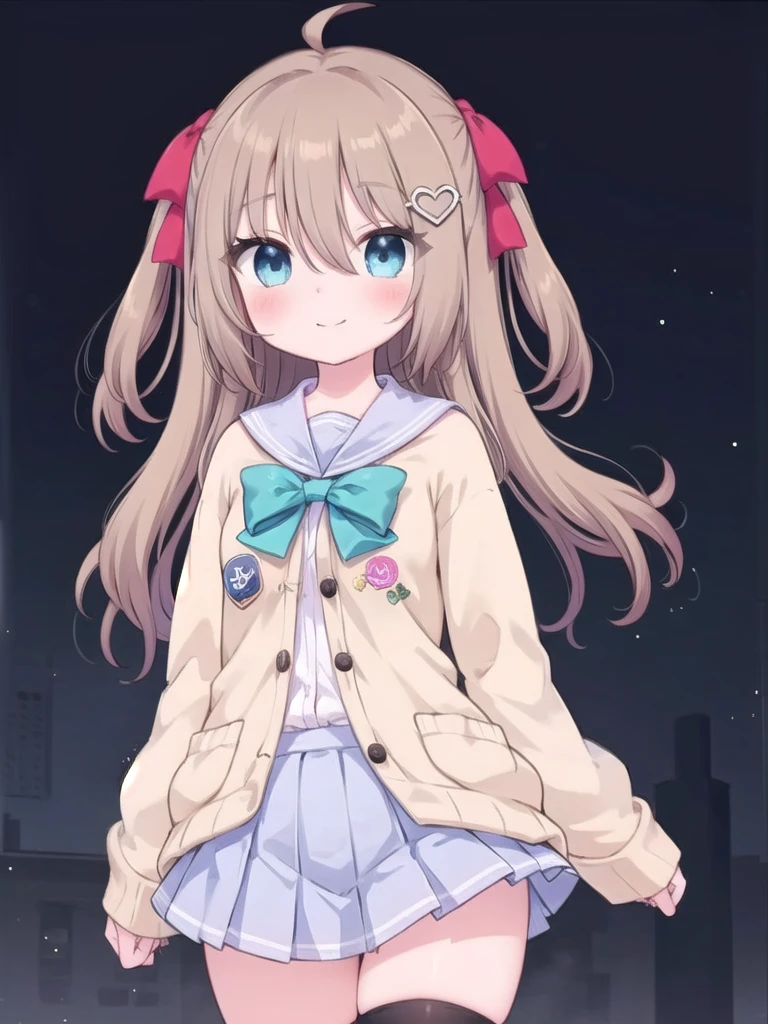 1girl, masterpiece, best quality, perfect hands, blush, smile, neuro-sama, blue eyes, aqua neck ribbon, yellow cardigan, open cardigan, blue sailor collar, blue skirt, pleated skirt, heart, button badge, star \(symbol\), the number "1" on a badge, red ribbon, hair ribbon, two side up, heart hair ornament, long sleeves, light brown hair, fine fabric, asymmetrical legwear, single thighhigh, black thighhighs, breast suppress, closed mouth, ahoge