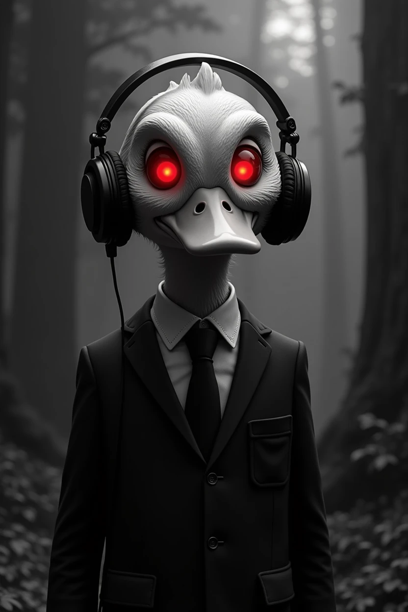 duck in business suit and headphones, black and white horror background rich in detail, with lots of details in the background, Red glow in the eyes, Horror Theme, dark, Terror