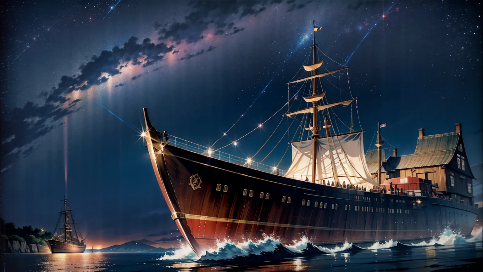 middle ages Fantasy Kaihara On the boat Night view Starry Sky