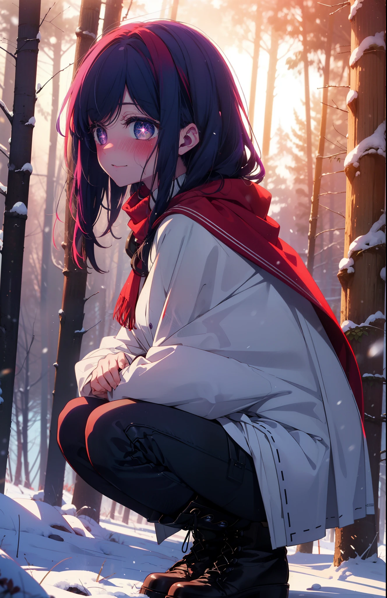 aihoshino, Ai Hoshino, Long Hair, bangs, (Purple eyes:1.1), Purple Hair, (Symbol-shaped pupil:1.5), smile,,smile,blush,white breath,
Open your mouth,snow,Ground bonfire, Outdoor, boots, snowing, From the side, wood, suitcase, Cape, Blurred, , forest, White handbag, nature,  Squat, Mouth closed, Cape, winter, Written boundary depth, Black shoes, red Cape break looking at viewer, Upper Body, whole body, break Outdoor, forest, nature, break (masterpiece:1.2), Highest quality, High resolution, unity 8k wallpaper, (shape:0.8), (Beautiful and beautiful eyes:1.6), Highly detailed face, Perfect lighting, Highly detailed CG, (Perfect hands, Perfect Anatomy),