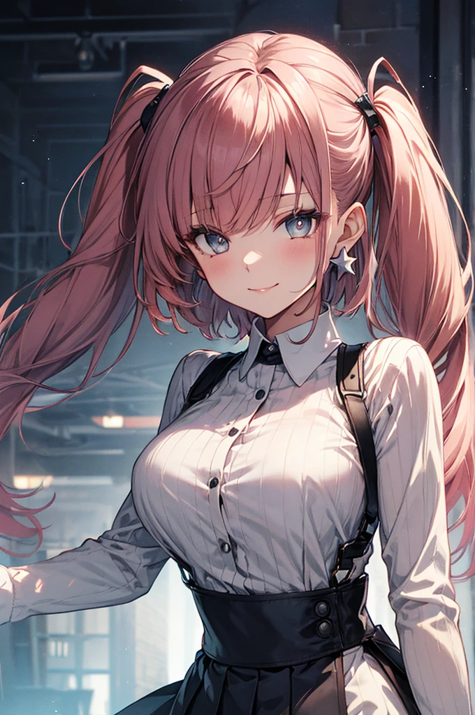 upper body,thighs,1girl, solo,AtlantaKC,(white) long sleeves shirt, (black) suspender skirt,(grey eyes),pink hair,twintails,(large breasts),(anchor) hair ornament, (star (symbol)) earrings, (single) earring, (left-side) earring,
looking at viewer, facing to viewer, smile,masterpiece,Noise Reduction,perfect anatomy,high resolution, ultra-detailed, ultra-detailed face,game cg,dutch angle ,beautiful detailed eyes,visualart,five fingers, perfect hands, perfect lighting, sparkling pupils,