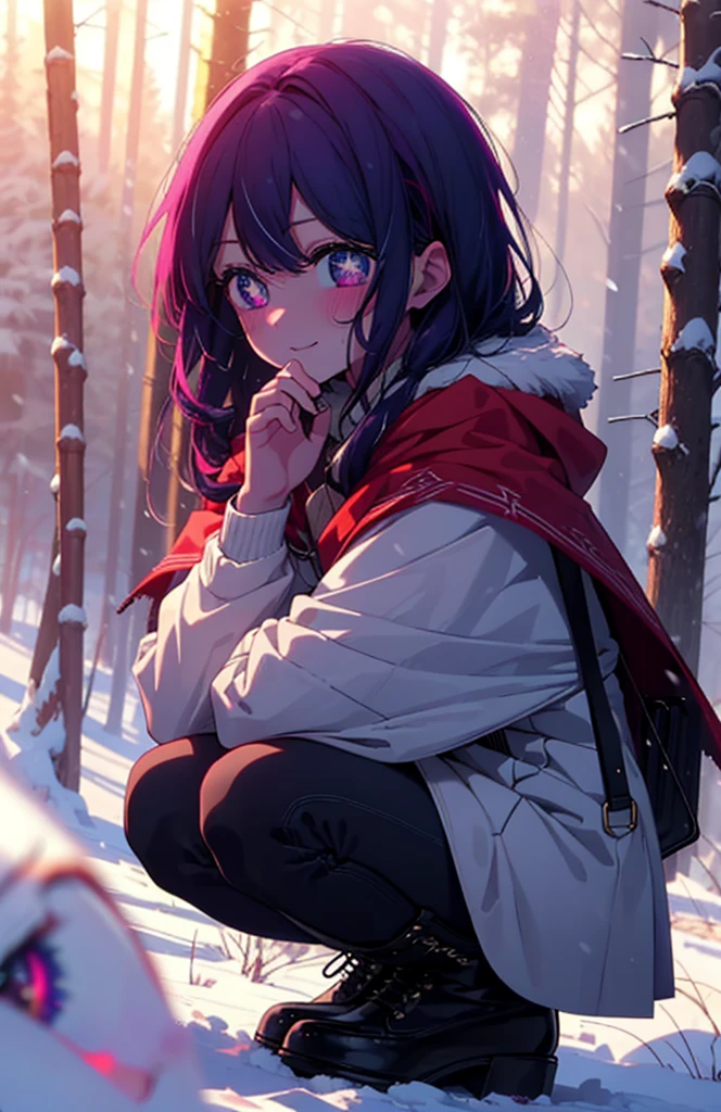 aihoshino, Ai Hoshino, Long Hair, bangs, (Purple eyes:1.1), Purple Hair, (Symbol-shaped pupil:1.5), smile,,smile,blush,white breath,
Open your mouth,snow,Ground bonfire, Outdoor, boots, snowing, From the side, wood, suitcase, Cape, Blurred, , forest, White handbag, nature,  Squat, Mouth closed, Cape, winter, Written boundary depth, Black shoes, red Cape break looking at viewer, Upper Body, whole body, break Outdoor, forest, nature, break (masterpiece:1.2), Highest quality, High resolution, unity 8k wallpaper, (shape:0.8), (Beautiful and beautiful eyes:1.6), Highly detailed face, Perfect lighting, Highly detailed CG, (Perfect hands, Perfect Anatomy),