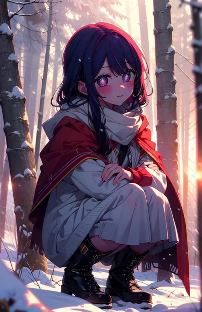 aihoshino, Ai Hoshino, Long Hair, bangs, (Purple eyes:1.1), Purple Hair, (Symbol-shaped pupil:1.5), smile,,smile,blush,white breath,
Open your mouth,snow,Ground bonfire, Outdoor, boots, snowing, From the side, wood, suitcase, Cape, Blurred, , forest, White handbag, nature, Squat, Mouth closed, Cape, winter, Written boundary depth, Black shoes, red Cape break looking at viewer, Upper Body, whole body, break Outdoor, forest, nature, break (masterpiece:1.2), Highest quality, High resolution, unity 8k wallpaper, (shape:0.8), (Beautiful and beautiful eyes:1.6), Highly detailed face, Perfect lighting, Highly detailed CG, (Perfect hands, Perfect Anatomy),