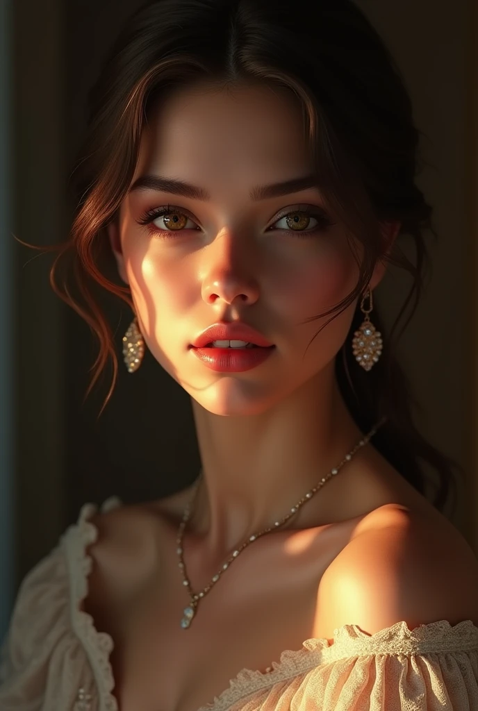 a beautiful female portrait, elegant woman, high quality, detailed face, detailed eyes, detailed lips, realistic, photorealistic, hyper detailed, 8k, cinematic lighting, dramatic chiaroscuro lighting, dramatic lighting, dramatic pose, elegant dress, luxury, high fashion, expensive jewelry, glowing skin, intricate details, award winning, artstation, digital painting