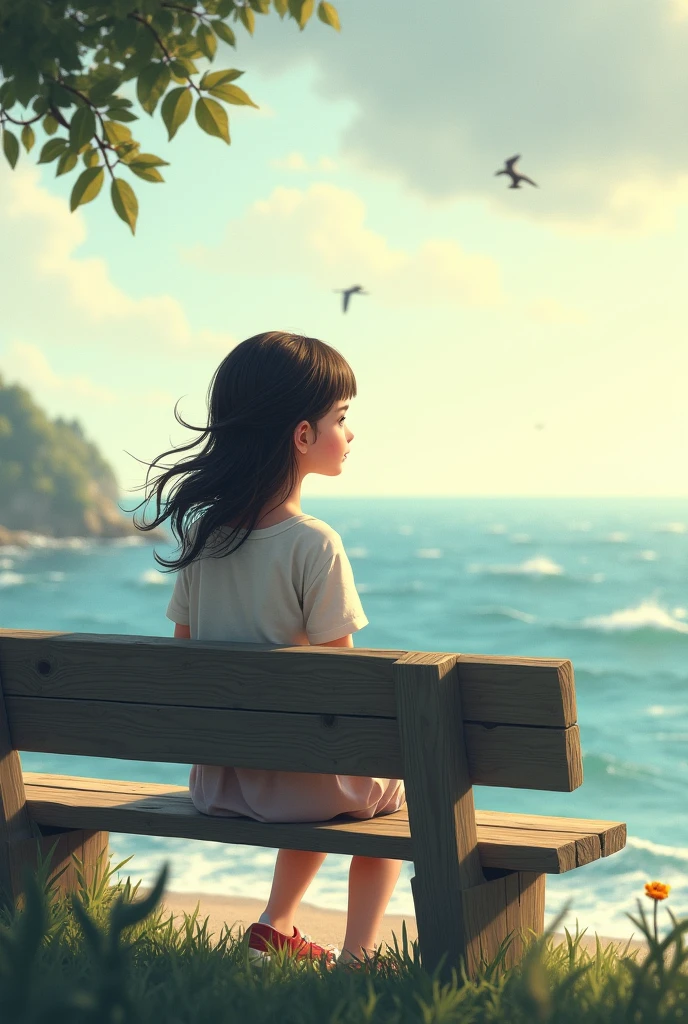 A girl is sitting on a seasa