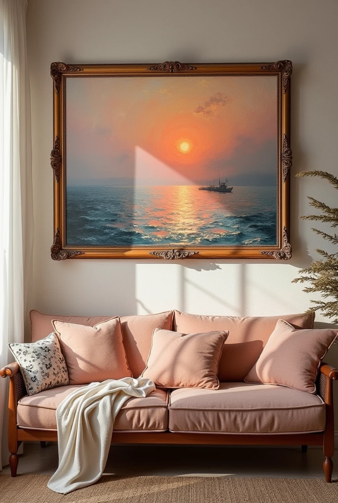 Comfortable room, 墙上的大Oil, Painter of Light, Monet's paintings, Impressionist Painting, Oil, Harbor sunrise scenery, The sea is boldly depicted, Improvisational brushstrokes、The harbor view from a distance, Completely covered in fog, With the rising red sun, Soft colors and gentle brushstrokes create a calming atmosphere..。The focus of the image is the impression、The painting itself is a masterpiece、Perfect Sentences、bold brushwork、impressionist feel to the piece, The mysterious beauty of that moment, The wall on which the painting hangs is decorated with an exquisite frame..、Enhance overall aesthetics。暖色light、Elegant room combinations create a charming ambience.、The viewer is able to immerse themselves in the tranquility and beauty of the moment depicted.。.。The image is、Truly captures the essence of the painting and its surroundings、Highest quality、High resolution and ultra-detailed rendering。The art style is、Emphasis on realism and photorealism、体现传统石Oil技术。Warm and charming colors、Highlight the rich colors of sunsets、给房间带来温暖的light。light、Make your drawings stand out、Add depth and dimension to the entire scene。