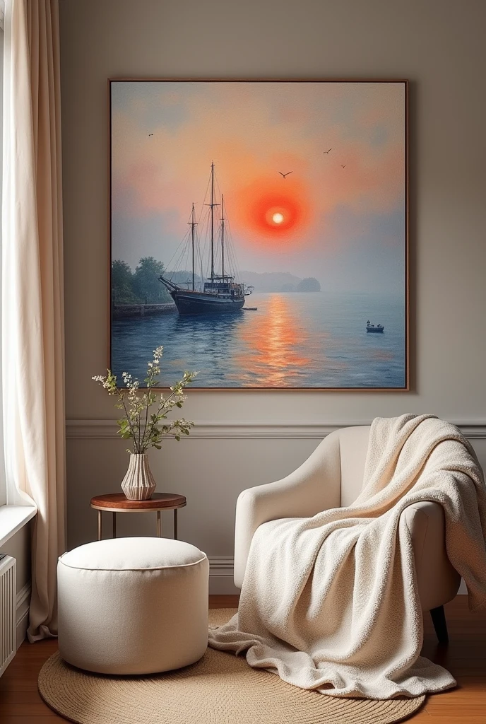 Comfortable room, 墙上的大Oil, Painter of Light, Monet's paintings, Impressionist Painting, Oil, Harbor sunrise scenery, The sea is boldly depicted, Improvisational brushstrokes、The harbor view from a distance, Completely covered in fog, With the rising red sun, Soft colors and gentle brushstrokes create a calming atmosphere..。The focus of the image is the impression、The painting itself is a masterpiece、Perfect Sentences、bold brushwork、impressionist feel to the piece, The mysterious beauty of that moment, The wall on which the painting hangs is decorated with an exquisite frame..、Enhance overall aesthetics。暖色light、Elegant room combinations create a charming ambience.、The viewer is able to immerse themselves in the tranquility and beauty of the moment depicted.。.。The image is、Truly captures the essence of the painting and its surroundings、Highest quality、High resolution and ultra-detailed rendering。The art style is、Emphasis on realism and photorealism、体现传统石Oil技术。Warm and charming colors、Highlight the rich colors of sunsets、给房间带来温暖的light。light、Make your drawings stand out、Add depth and dimension to the entire scene。