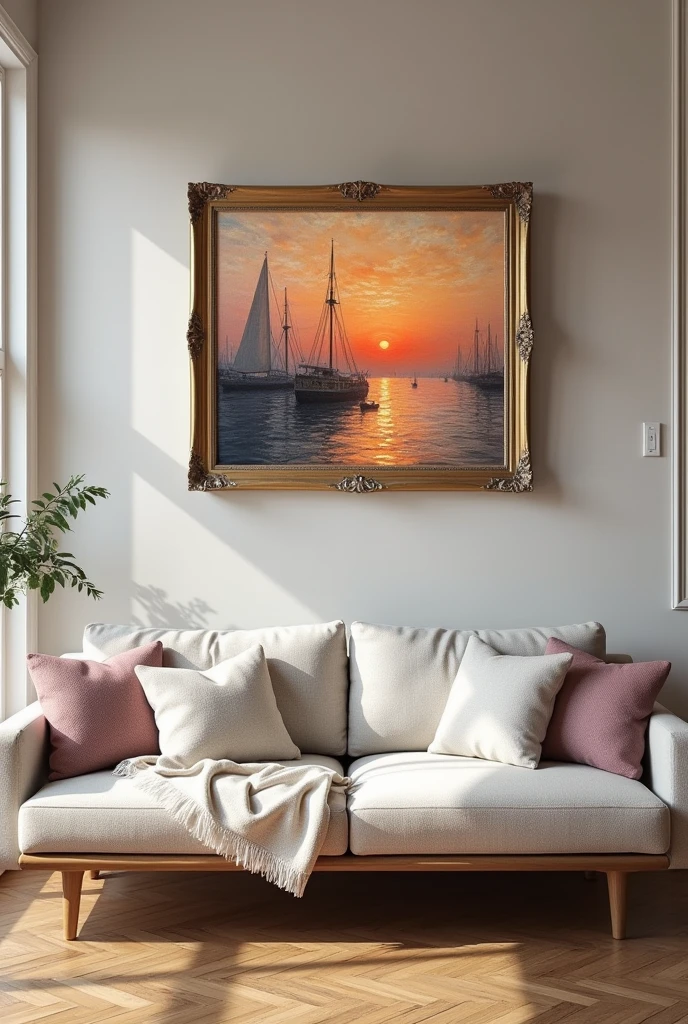 Comfortable room, 墙上的大Oil, Painter of Light, Monet's paintings, Impressionist Painting, Oil, Harbor sunrise scenery, The sea is boldly depicted, Improvisational brushstrokes、The harbor view from a distance, Completely covered in fog, With the rising red sun, Soft colors and gentle brushstrokes create a calming atmosphere..。The focus of the image is the impression、The painting itself is a masterpiece、Perfect Sentences、bold brushwork、impressionist feel to the piece, The mysterious beauty of that moment, The wall on which the painting hangs is decorated with an exquisite frame..、Enhance overall aesthetics。暖色light、Elegant room combinations create a charming ambience.、The viewer is able to immerse themselves in the tranquility and beauty of the moment depicted.。.。The image is、Truly captures the essence of the painting and its surroundings、Highest quality、High resolution and ultra-detailed rendering。The art style is、Emphasis on realism and photorealism、体现传统石Oil技术。Warm and charming colors、Highlight the rich colors of sunsets、给房间带来温暖的light。light、Make your drawings stand out、Add depth and dimension to the entire scene。