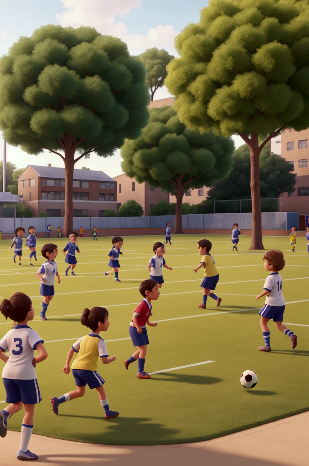 Create an image of a group of children playing football in a school yard. The stage is a grass field with a marked soccer field. There is a diverse group of children, between 11 and 12 years old all wearing colorful sports uniforms. Some children are running after the ball, while others are in the middle of a play, with expressions of emotion and concentration. The background shows school buildings, trees and some companions observing or encouraging. The scene should capture the energy and fun typical of a football match. ."