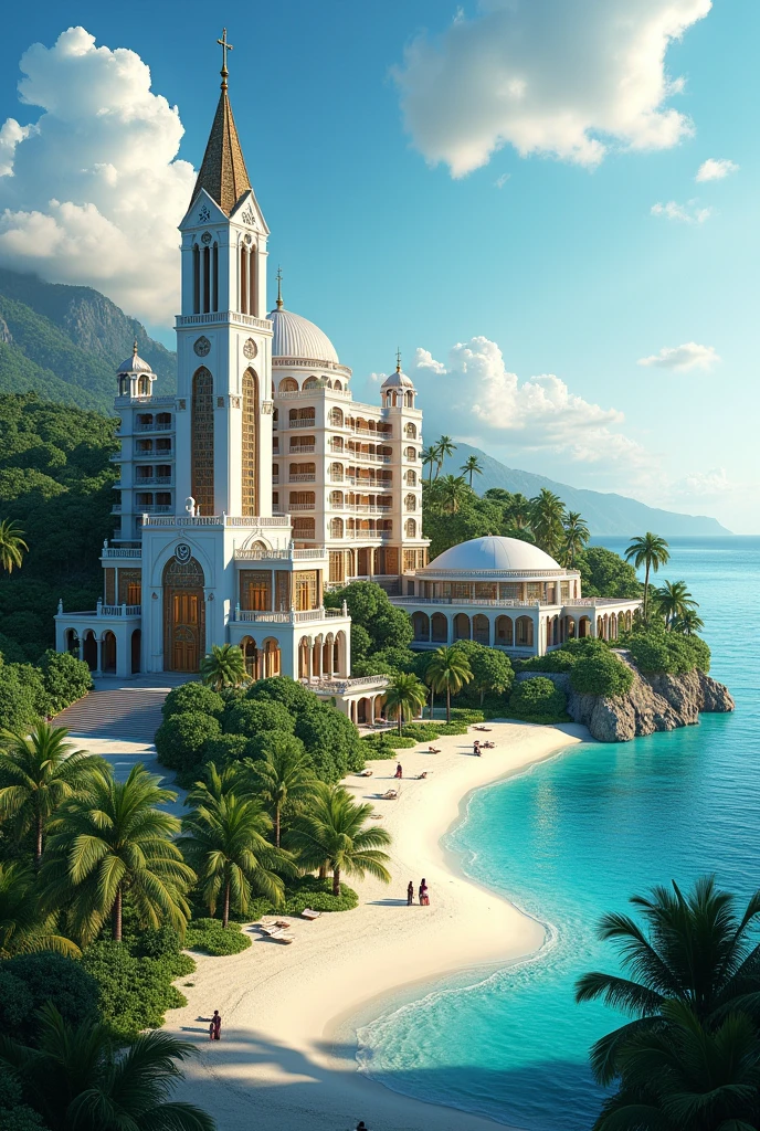 Hotel building on a paradise island,a church and an observatory