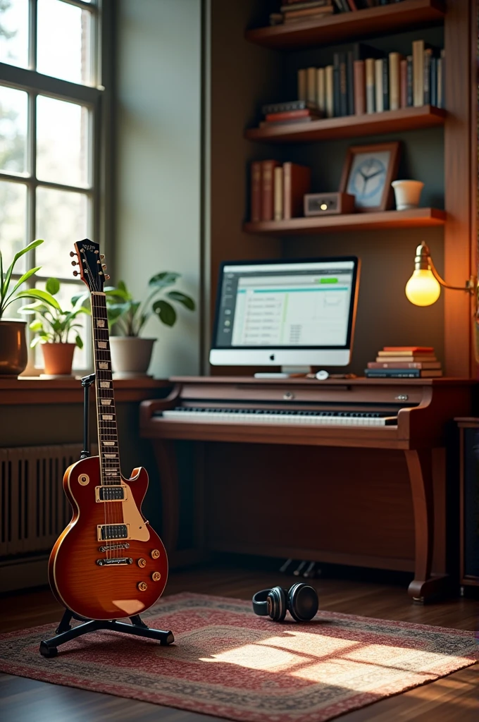 make me a guitar with piano and computer in study room