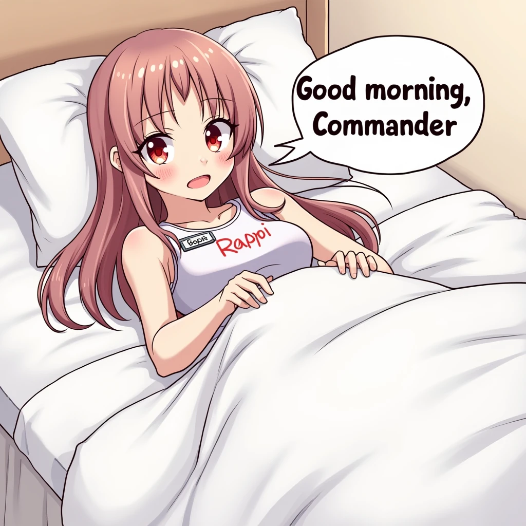 a manga-style illustration of a young girl with long, straight hair and red eyes, lying in bed and looking directly at the viewer. She has a sleepy yet surprised expression on her face. The girl is wearing a sleeveless shirt with a name tag that reads 'Rapi' and large chest. She is partially covered by a blanket, with one hand resting on the pillow and the other holding the blanket. Include a speech bubble that says 'Good morning, Commander,in manga panel style