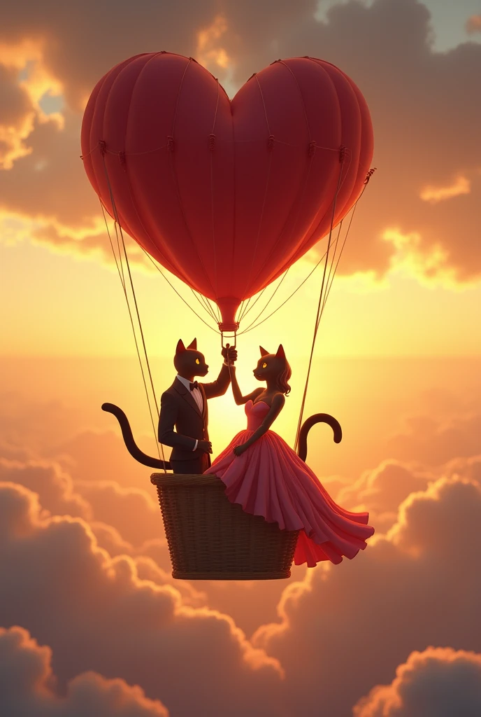 Scene 8: The Elevated Romance
Title: A Bold Ascent to Love
Description: In a heart-shaped hot air balloon, the boy cat and the bold lady cat ascend into the sky. His commanding presence is softened by the romantic setting, while the lady cat, yet confident, holds his paw firmly. Her full chest and rounded hips, accentuated by her flowing gown, create a striking contrast against the backdrop of the golden sunset. As they rise above the clouds, the scene becomes a breathtaking display of their bold and powerful love.