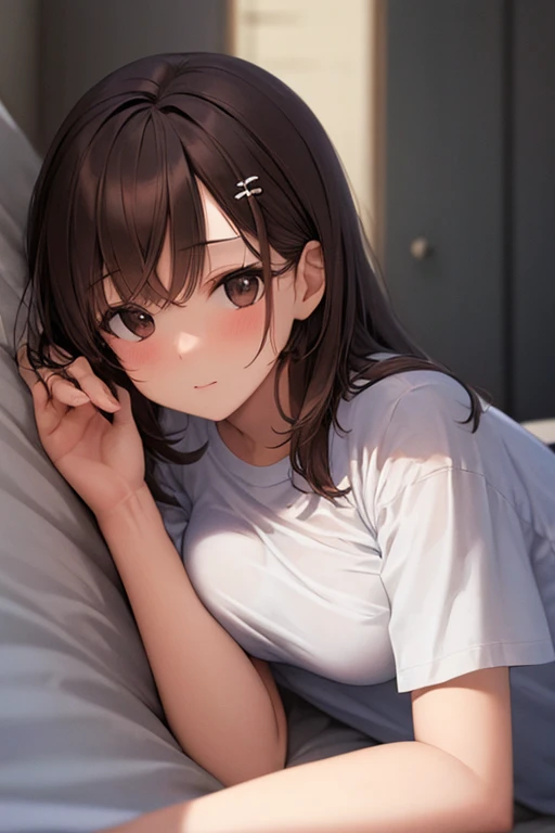 (8k, best quality, master piece: 1.2),super high resolution,1 girl, 独奏, cowboy shot ,ultra-detailed face, Selfie、Reflection in the mirror、teacher、、ponytail、Brown、Private room、bed、wariza, hand between legs, Collarbone, Ecstatic expression