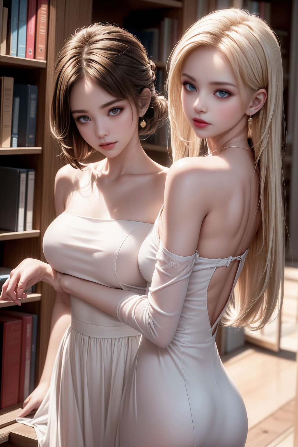 ((Girl standing in front of bookshelf in library))、(Rear view)、(look back)、Highest quality work,Actual work,Ultra Premium Graphics,8K HD CG Works,High quality graphics,High-definition CG works,10x pixels,Extremely fine detail:1.1,Advanced Technical Details:1.1 Photorealistic,Indoor lighting effects:1.5,Natural light:1.5. Light effects(virtual Light effects:1.8),((Golden white short hair))、(Bob Hair), Thin eyebrows,High nose, Nice red lips, Rose Cheeks, A face with subtle makeup , Cute face, perfectly balanced face,(),A light-toned foundation enhances the clarity of your skin.、,((Off-the-shoulder pure white dress)). 40k, photograph, Tabletop, highest quality, Rainy background, ((1 Beautiful eyes light haired girl, White skin, Various poses.((Medium sized breasts,:1.1)), highest quality, Tabletop, Ultra-high resolution, (Realistic:1.4), RAWphotograph, (Perfect figure), (slim:1.3), Slim abdomen, Perfect slim figure, Dynamic Pose, alone, Cold light 12000K, Very detailed facial and skin texture, Fine grain, Realistic eyes, Beautiful fine grain, (Realistic Skin), Charm, 超A high resolution, surreal, Very detailed、