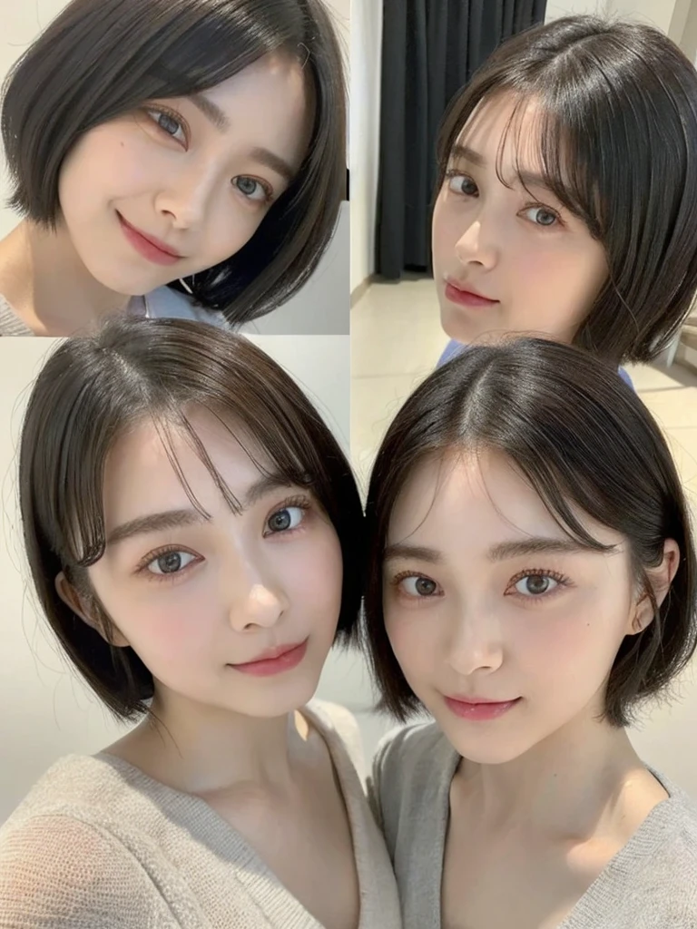 (masterpiece:1.3), (8k, Photoreal, Raw photo, best image quality: 1.4), Japanese high school girl、(random hairstyle:1.2)、cleavage:1.5、super detail face、eye for details、double eyelid、chest to chest、sharp focus:1.2、Beautiful woman:1.4、light brown hair、highest quality、masterpiece、超A high resolution、(Photoreal:1.4)、Highly detailed and professionally lit smiles、loose and light knitwear、shoulder out、thin、serious expression、short haired、deadly position
similar identical twins
All the girls have the exact same face, The two have the same face and figure, as if they were mirror images.
