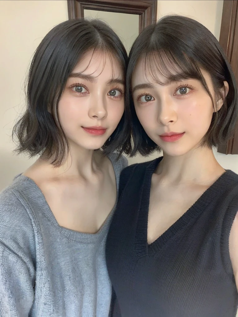 (masterpiece:1.3), (8k, Photoreal, Raw photo, best image quality: 1.4), Japanese high school girl、(random hairstyle:1.2)、cleavage:1.5、super detail face、eye for details、double eyelid、chest to chest、sharp focus:1.2、Beautiful woman:1.4、light brown hair、highest quality、masterpiece、超A high resolution、(Photoreal:1.4)、Highly detailed and professionally lit smiles、loose and light knitwear、shoulder out、thin、serious expression、short haired、deadly position
similar identical twins
All the girls have the exact same face, The two have the same face and figure, as if they were mirror images.