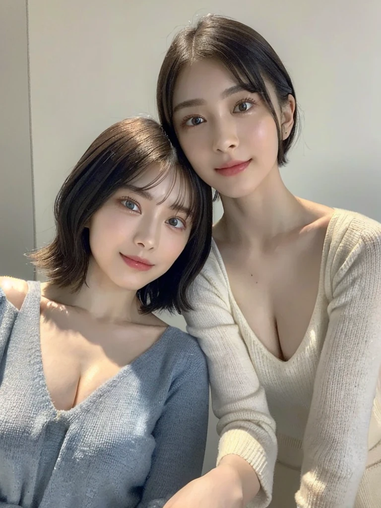 (masterpiece:1.3), (8k, Photoreal, Raw photo, best image quality: 1.4), Japanese high school girl、(random hairstyle:1.2)、cleavage:1.5、super detail face、eye for details、double eyelid、chest to chest、sharp focus:1.2、Beautiful woman:1.4、light brown hair、highest quality、masterpiece、超A high resolution、(Photoreal:1.4)、Highly detailed and professionally lit smiles、loose and light knitwear、shoulder out、thin、serious expression、short haired、deadly position
similar identical twins
All the girls have the exact same face, The two have the same face and figure, as if they were mirror images.