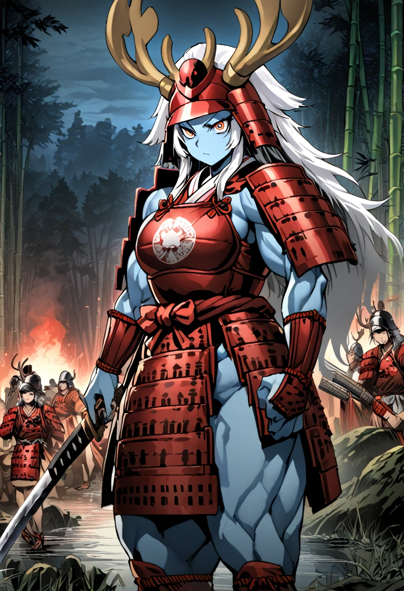  Highest quality, High resolution,Very detailed,  Focus on the female warrior,Muscular,A well-trained body,Voluptuous body,Sengoku period,Quite Japanese style,Ancient Japan,Female Warrior,Bamboo forest at night,Big Eyes,Maid,Red shoulder pad,Red shin guards,red waist armor,Red Preparation,Iai stance,Blue Skin,Long, unkempt white hair,whole body,Abdominal muscles,Red loincloth,Helmet with deer antlers,A terrifying aura,He has a Japan sword at his waist.,looks strong