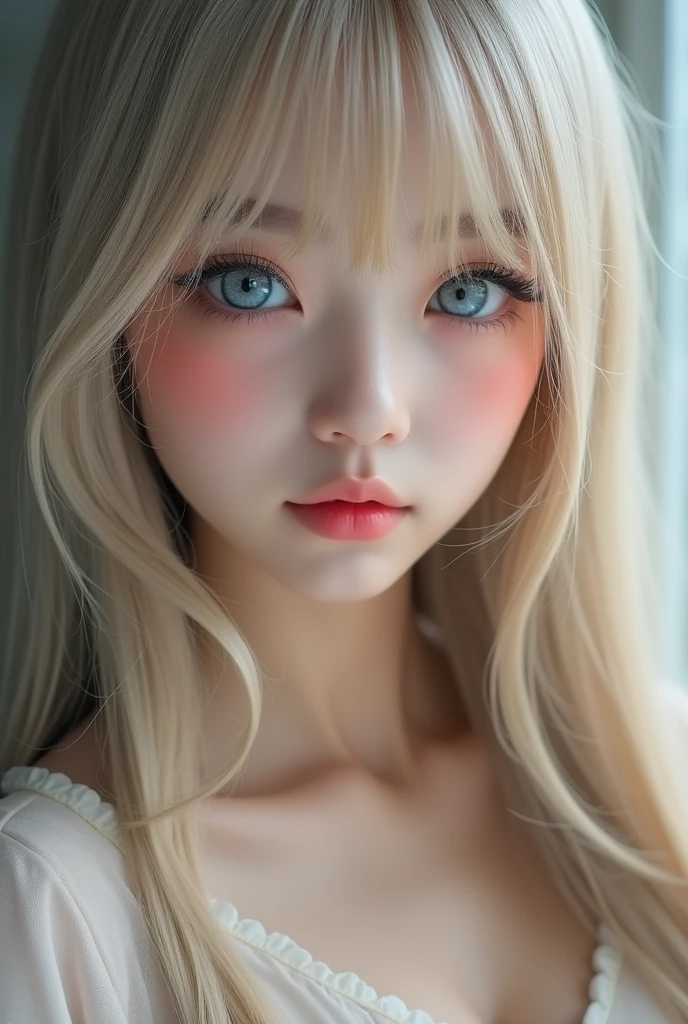 (a closeup:1.4)、(RAW shooting:1.2)、(Photorealsitic:1.4)、(masterpiece:1.3)、(top-quality:1.4)、bright expression、extremely beautyful girl、Extraordinary beautiful girl、Detailed cute and beautiful face、Beautiful bangs、Glowing white shiny skin、facial hairs、Bangs that extend to the face、Bangs between the eyes、Super long hair、Attractive light and dark platinum blonde super long straight silky hainer hair、Attractive glowing beautiful bright clear light blue big eyes、Luxurious dresses、Double eyelids、Lush bust、The upper part of the body、