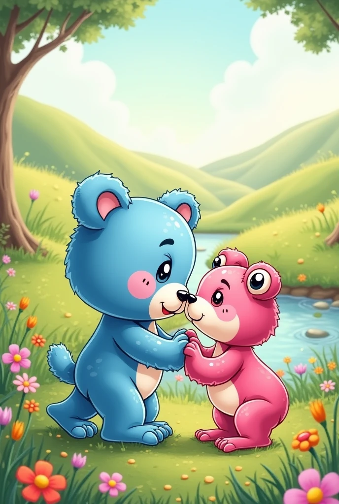 create a cartoon of a blue teddy bear and a pink frog in love