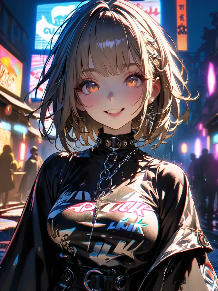 1 girl, chromatic aberration, Written boundary depth, Soft Light, masterpiece, Highest quality, complicated, Tone Mapping, A place where fireworks are set off at festivals. Concept Art, Smooth, Clear focus, Dramatic lighting, Very cinematic, super practical painting, アートステーション's trending, 8k, Incredible Shadows, practical, whole body, View, Viewers, Portrait of a Girl 1, standing on street corner, Heavy rain and lightning、Dark Sky, neon and cyber punk background, she is dressed in punk clothing with silver chains and silver spikes, Her hair was dyed light brown.............Ominous aura of light, smile, punk, ciber punk, Backlight.Fashionable clothes、Friendly dress code: Cool dress code.My breasts are a little big