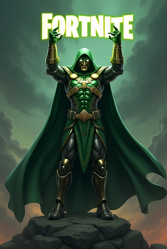 Doctor Doom holding the word Fortnite 


