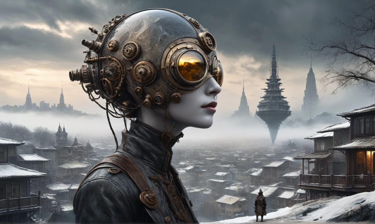 insane pilot from USSR ,pinhead, camouflage Rusty, Ambient in a meteorite ,graphite witch after a psychiatric clinic,winter,intricate landscape,slate grey atmosphere,film grain,faded,eyes extremely detailed,another world,ring of truth,view from height,once pretty face,eyebrow up,full body shot,ominous landscape, Simon Stalenhag,Nicola Samori,full body shot,beggar paladium The Alien Entity,Technicolor,natural skin textures, hyper realism, hyper detailed,Extremely detailed,High contrast,Masterpiece,Realistic,Ultra Detailed, intricate details,realistic humid leather,extremly intricate,Epic Realistic, cinematic style,irina yermolova,high contrast,hdr,extremely detailed, deep night landscape,masterpiece,intricate details,faded,eyes extremely detailed, high detailed eyes,8k resolution,RAW,retina, Nikon Z9,China,Guangxi Zhuang of China,tkt style,ears perfect, transition between two art styles, Ink painting to photorealism, Double contact, X-ray, Creative, vivid light, masterpiece, fantasy, Abstract Surrealism, super detailed, high resolution, stop:35;Her skin is pale, almost translucent,ancient rock,a hot air soars through the layers of clouds, revealing a colossal and enigmatic cityscape nestled within. The buildings in this ethereal city are adorned with intricate details and exude an aura of mystery. Above the cityscape, lend an enchanting touch to the scene. steampunk. The intricate mechanics create a sense of wonder and fascination, as if stepping into a dreamlike realism