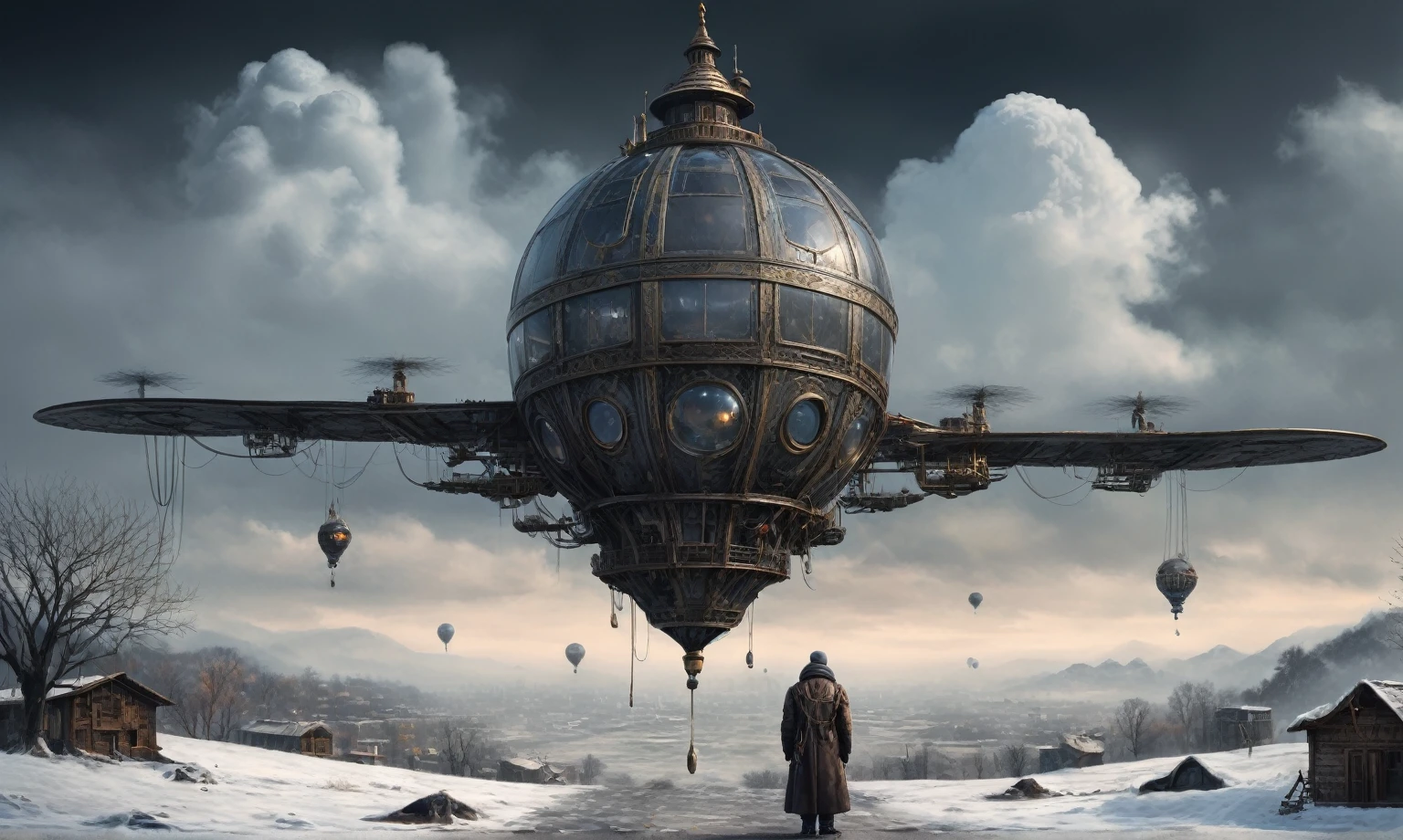 insane pilot from USSR ,pinhead, camouflage Rusty, Ambient in a meteorite ,graphite witch after a psychiatric clinic,winter,intricate landscape,slate grey atmosphere,film grain,faded,eyes extremely detailed,another world,ring of truth,view from height,once pretty face,eyebrow up,full body shot,ominous landscape, Simon Stalenhag,Nicola Samori,full body shot,beggar paladium The Alien Entity,Technicolor,natural skin textures, hyper realism, hyper detailed,Extremely detailed,High contrast,Masterpiece,Realistic,Ultra Detailed, intricate details,realistic humid leather,extremly intricate,Epic Realistic, cinematic style,irina yermolova,high contrast,hdr,extremely detailed, deep night landscape,masterpiece,intricate details,faded,eyes extremely detailed, high detailed eyes,8k resolution,RAW,retina, Nikon Z9,China,Guangxi Zhuang of China,tkt style,ears perfect, transition between two art styles, Ink painting to photorealism, Double contact, X-ray, Creative, vivid light, masterpiece, fantasy, Abstract Surrealism, super detailed, high resolution, stop:35;Her skin is pale, almost translucent,ancient rock,a hot air soars through the layers of clouds, revealing a colossal and enigmatic cityscape nestled within. The buildings in this ethereal city are adorned with intricate details and exude an aura of mystery. Above the cityscape, lend an enchanting touch to the scene. steampunk. The intricate mechanics create a sense of wonder and fascination, as if stepping into a dreamlike realism