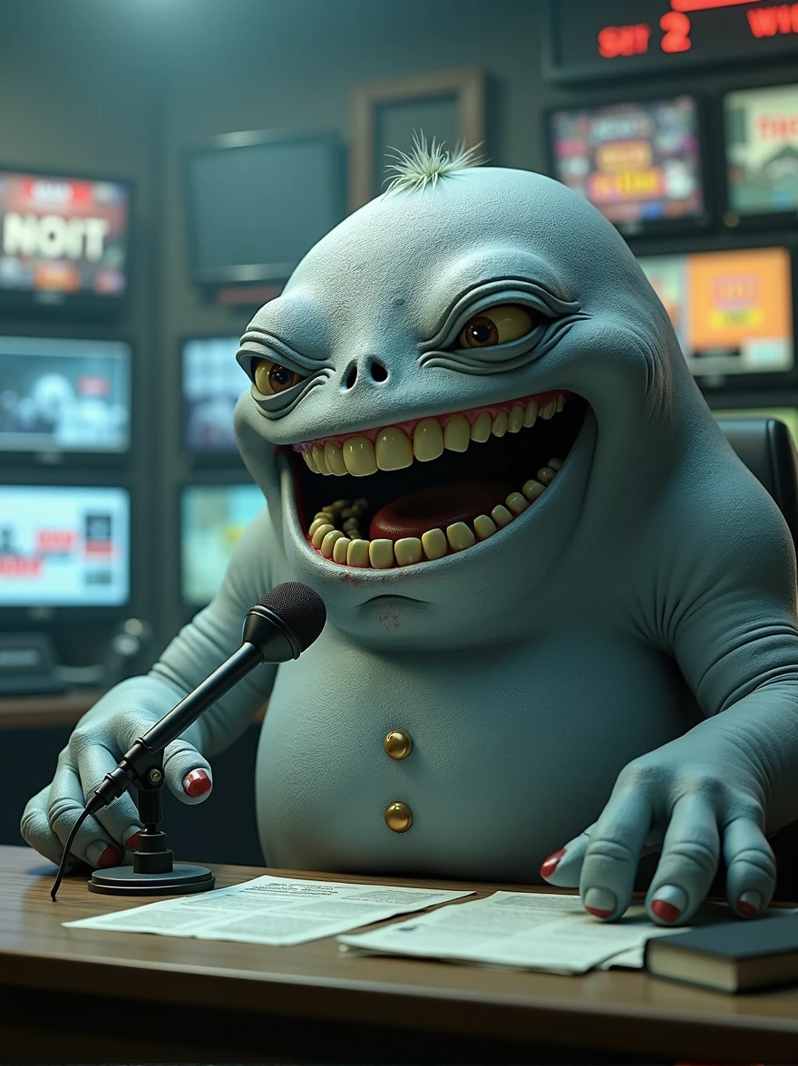 A cinematic and surreal scene where a giant grey, blueish blob serves as the news anchor. The monster, with a wide toothy grin, sits at the news desk, holding a microphone and speaking into it. The background reveals a chaotic newsroom with various monitors displaying breaking news. The overall atmosphere is a mix of retro and modern, with a touch of horror and comedy. The monster's eyes have a human-like expression, and his body seems to be made of newspaper-like scales., cinematic