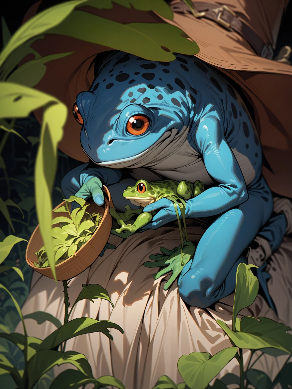 ((best quality)) , ((masterpiece)) , (detailed),There is a frog wearing a hat,And a tall hat,Holding a plant in his hand