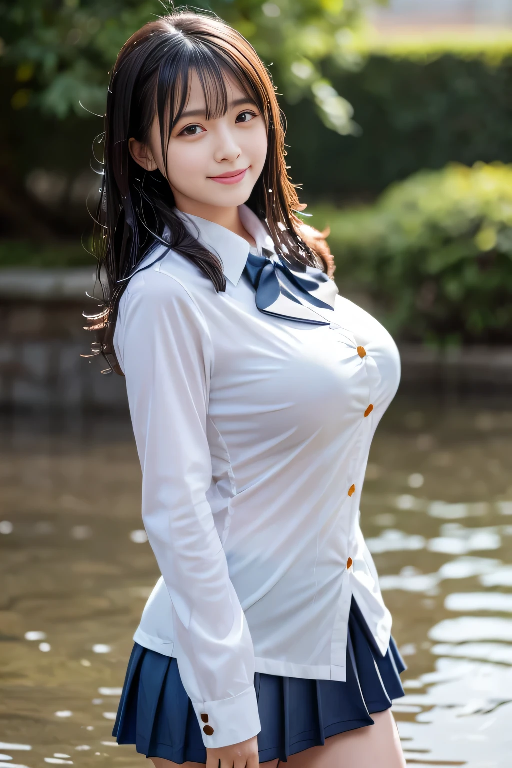 Enhanced dynamic perspective,cute cute beautiful girl,JK uniform,look at me and smile,simple background,works of masters,high quality,4K resolution,super fine,detailed pubic hair,Accurate,cinematic lighting,Retains original facial proportions、(full breasts)、(button gap:1.37)、(very wet body:1.37), bokeh