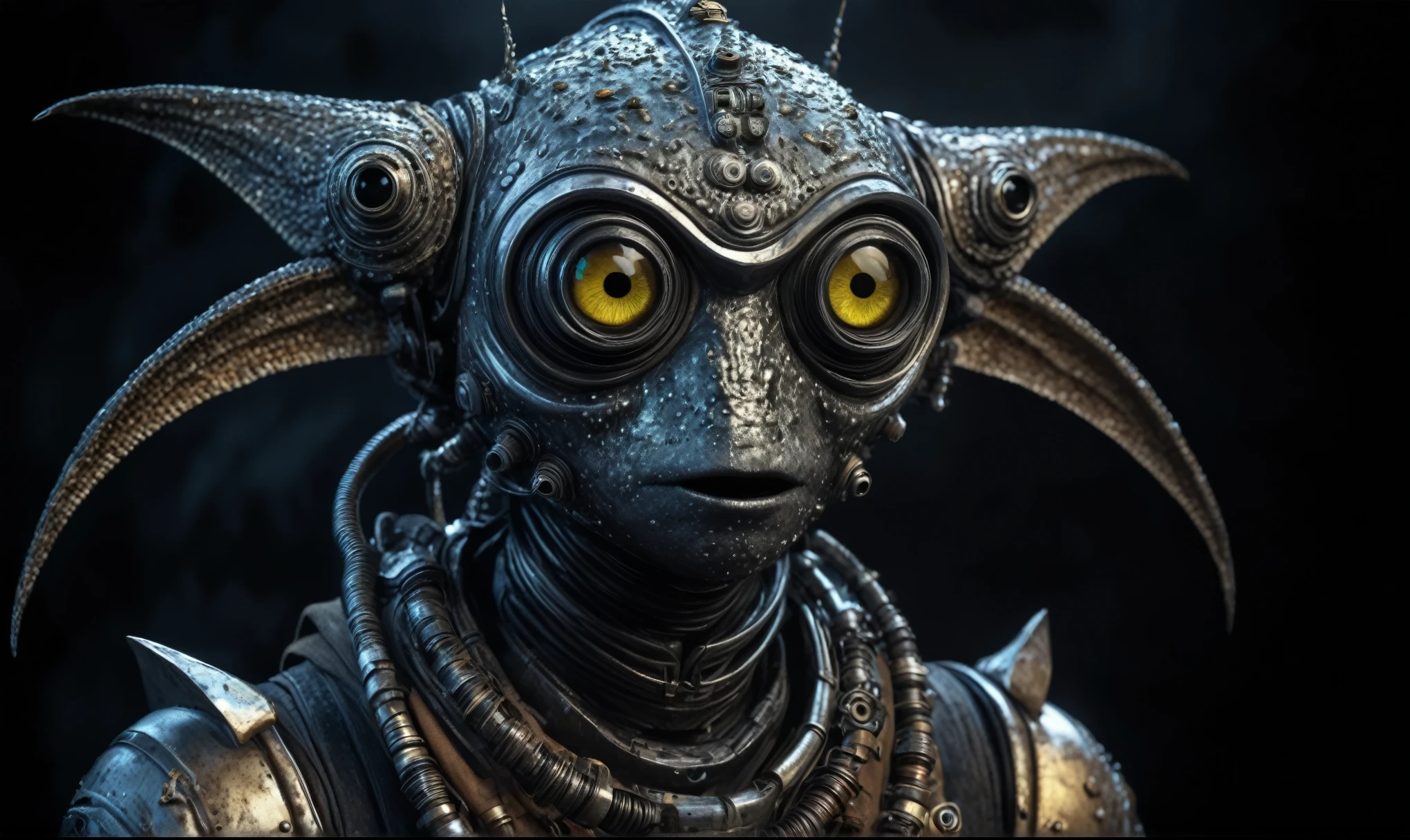 full body length shot,nerd graphite  Alien Entity,native africa slave ,azctec Finnish Lapland,Cinematic,soft colors, Technicolor,natural skin textures, hyper realism, hyper detailed,Extremely detailed,High contrast,Masterpiece,Realistic,Ultra Detailed, intricate details,realistic humid leather,extremely intricate details,Epic Realistic, cinematic style, irina yermolova,high contrast,hdr,extremely detailed, [deep night landscape],masterpiece, intricate details, eyes extremely detailed, high detailed eyes,8k resolution,retina, Nikon Z9,Egypt, Pisces, transition between two art styles,full body length, Double contact, X-ray, Creative, vivid light, fantasy, Abstract, Surrealism, super detailed, high resolution,insanity national folk wear,skin  almost translucent, gothic elements,Mestichino,Light particles,chaos,starfish's leather,"(The best lighting, dark, dramatic), terror.),(fish eyes,  Crazy trooper  Robot USSR , and helmet Style, tongs in hands, Tv head, pinhead, Rusty, Ambient in a meteorite crater super detailed, 