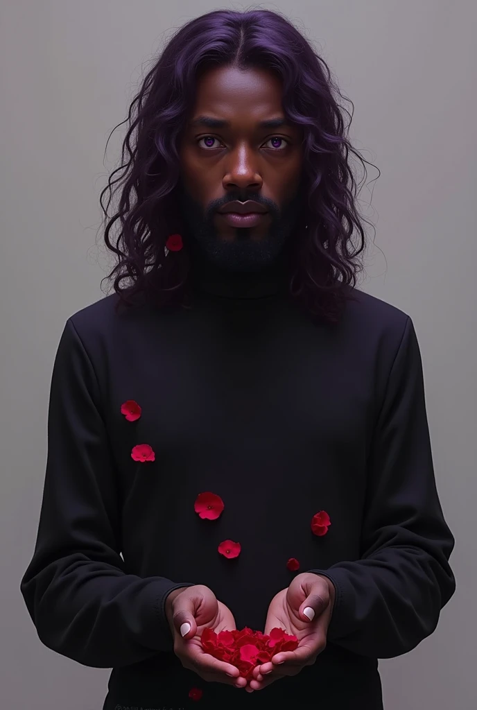 A tall, black man, beardless. Long, dark purple curly hair, sad purple eyes. He wears black clothes and has red rose petals in his hands.