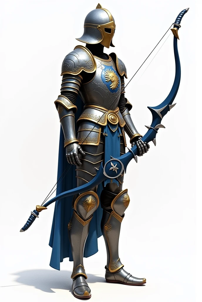 A complete armor with helmet, breastplate, metal leggings, medieval style, with golden ornaments, with an emblem in the center of the chest in the shape of a wolf, With a slender body, holding a big blue bow with white, on a transparent background