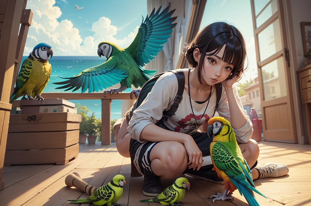 Anime Style,Talking with parakeet and parrot