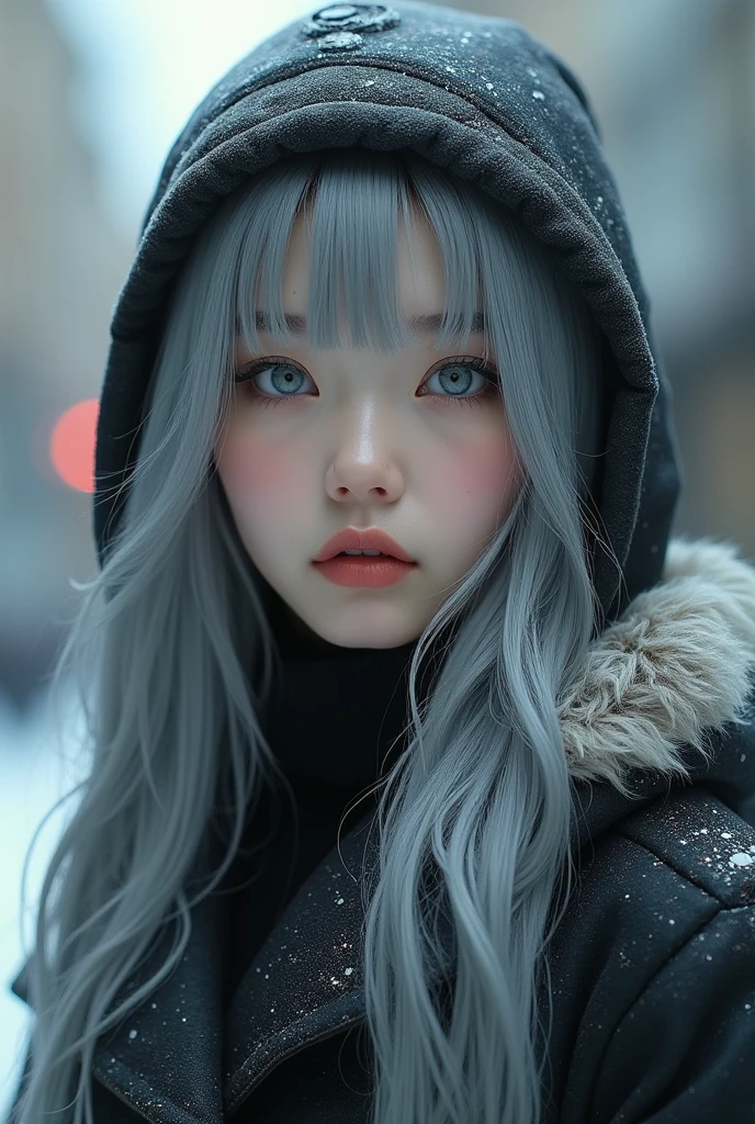 Korean girl with long gray hair, with tattoos wearing winter clothes, make-up