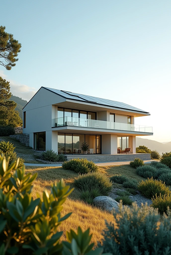 Generate me an image of a house that uses an electricity system based on solar panels.
