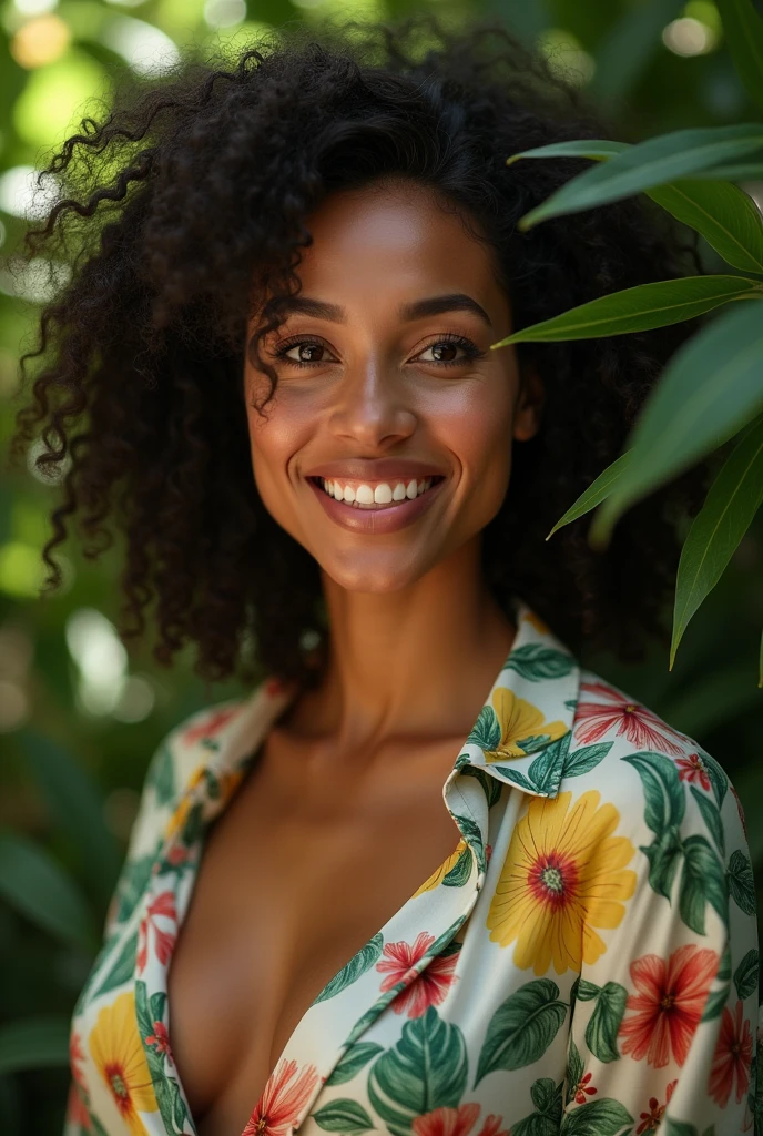 A Brazilian woman in a lush tropical garden, wearing an open shirt with a floral print, with a close-up capturing the harmonious beauty between her breasts and the natural flowers, showing off your natural charm and outgoing personality.