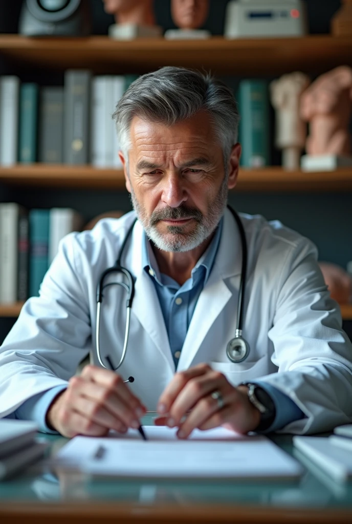 Design a Caucasian doctor with a very short beard studying a specialty 