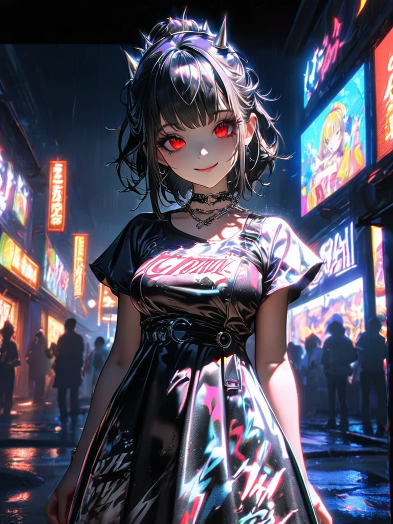 1 girl, chromatic aberration, Written boundary depth, Soft Light, masterpiece, Highest quality, complicated, Tone Mapping, A place where fireworks are set off at festivals. Concept Art, Smooth, Clear focus, Dramatic lighting, Very cinematic, super practical painting, アートステーション's trending, 8k, Incredible Shadows, practical,  whole body, View, Viewers, Portrait of a Girl 1, standing on street corner, Heavy rain and lightning、Dark Sky, neon and cyber punk background, she is dressed in punk clothing with silver chains and silver spikes, Her hair was dyed a bright black color..........Ominous aura of light, smile, punk, ciber punk, Backlight.Fashionable clothes、Friendly dress code:Cool dress code.My breasts are a little big.Beautiful red eyes
