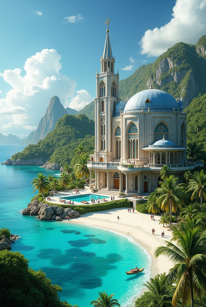 Hotel building on a paradise island,a church and a space observatory