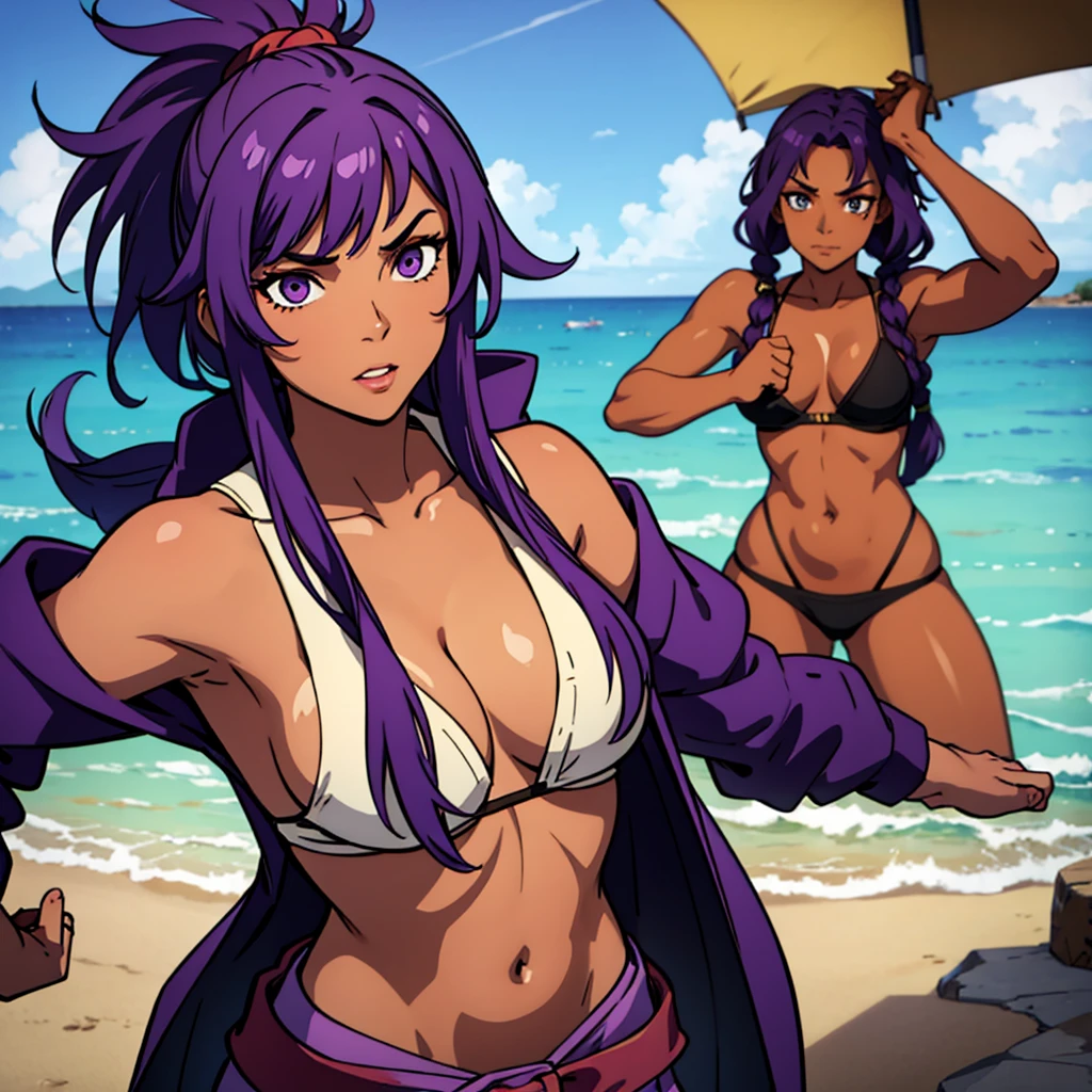 A female pirate with purple hair and tanned skin 