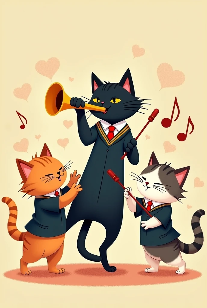 Three happy kittens, one orange, one black with a trumpet and one calico with batons in school uniform