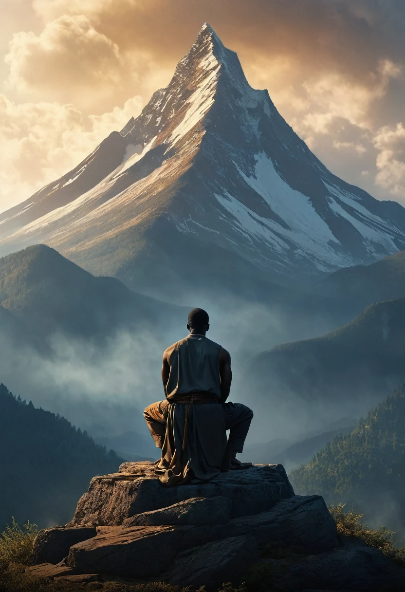 The huge and forbidding mountain takes up most of the picture. ,and a black man , Kneeling on a pedestal and praying , Movie ,HD, Stylized images