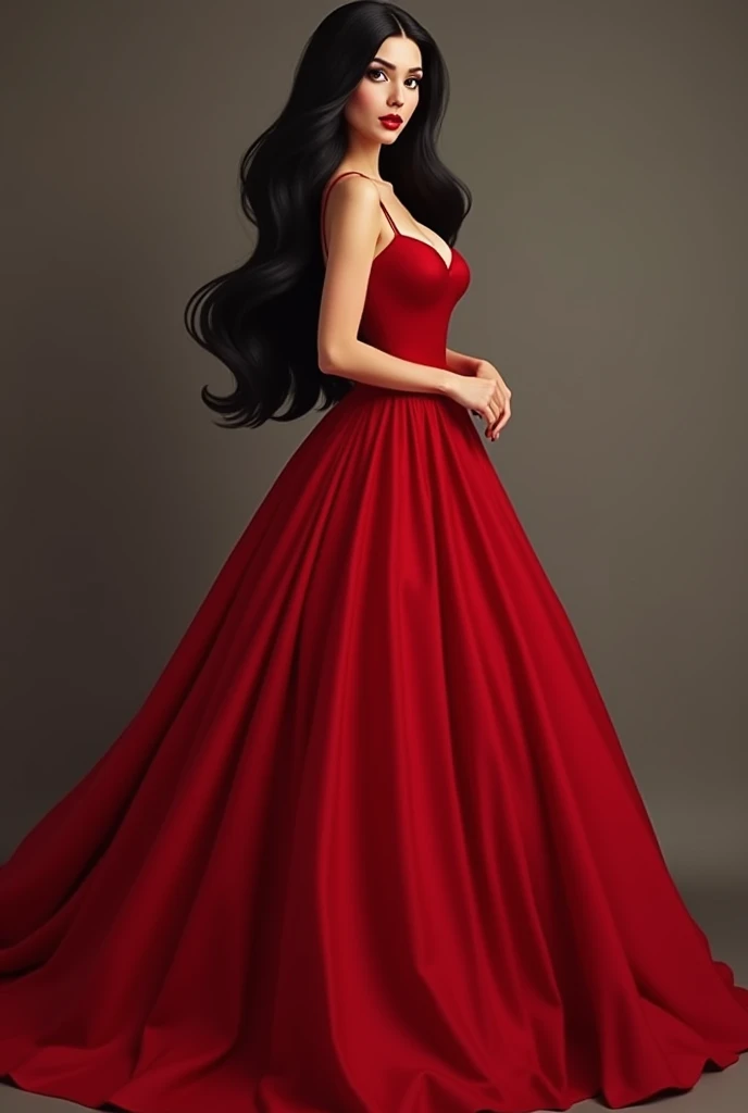 Princess in a long red dress with black hair and a striking look
